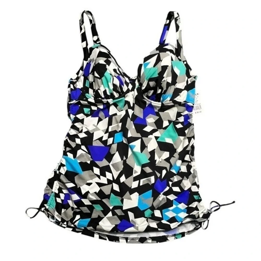 Upstream Womens Blue Geometric Underwire Tankini Swim Top Size 14‎ D-Cup NWT